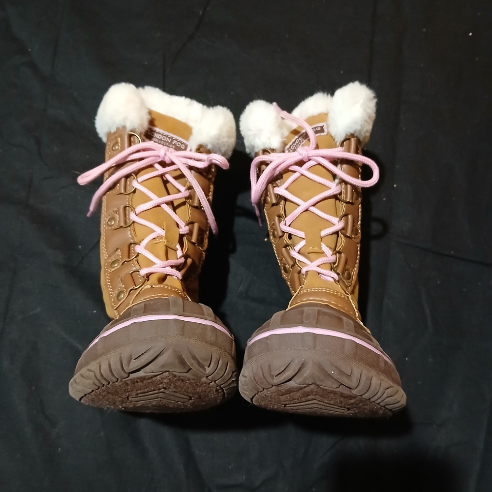 London Fog Beckenham Brown and Pink Snow Rain Boots Faux Fur Trim EUC